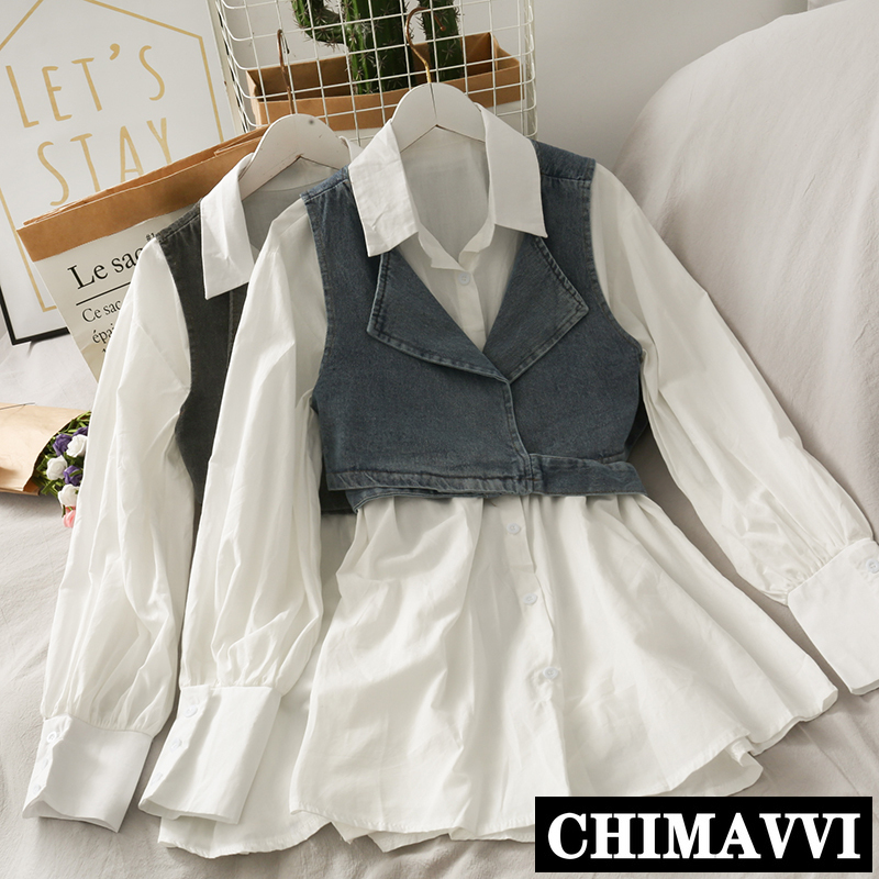 

Korean-Style Fashion Two Piece Set Top All-match Short Denim Waistcoat Vest + White Shirt Female Autumn Loose White Shirt Blouse, Black