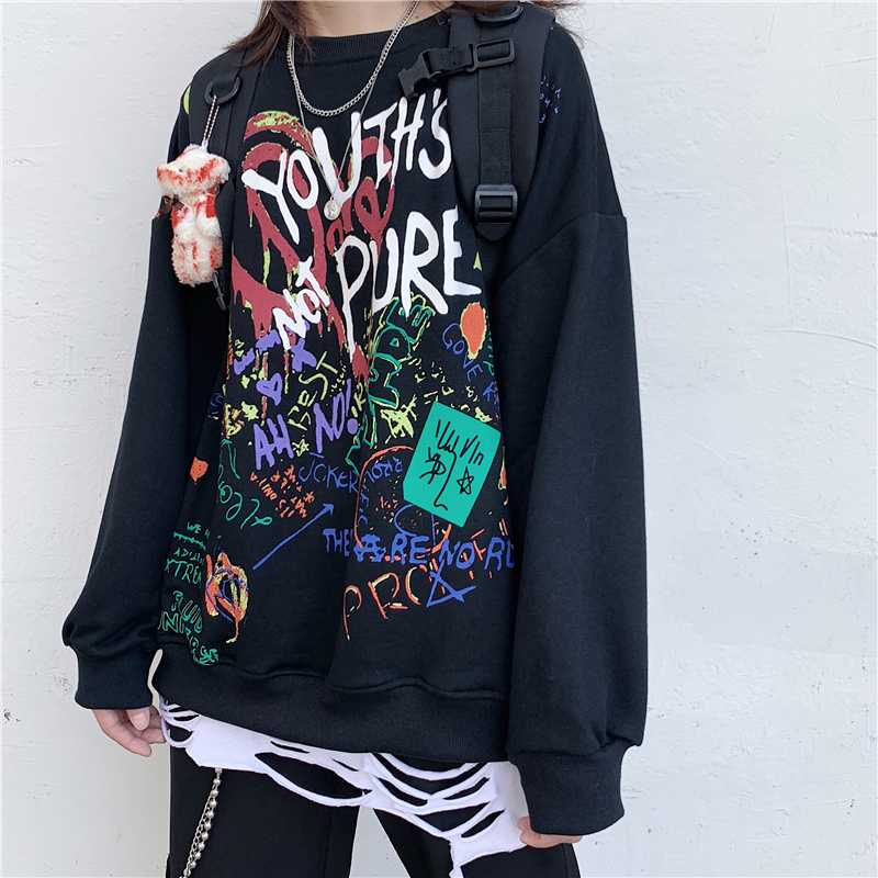 

Winter New Fashion Vintage Cartoon Print Cute Punk ins Harajuku Long Sleeve Loose O-neck Women's Large Size Fashion Sweatshirt, Hei01