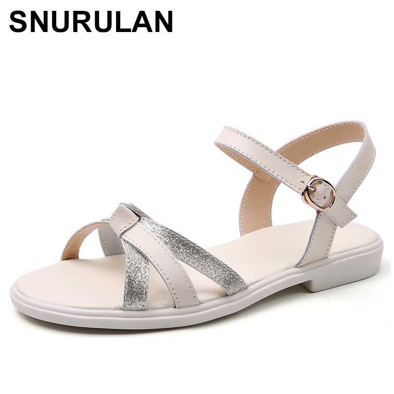 

SNURULAN Women Sandals Shoes Flat Sandals Summer Lady Casual Breathable Sandalias Mujer Woman Shoes Shiny Sequins Leather Open, White