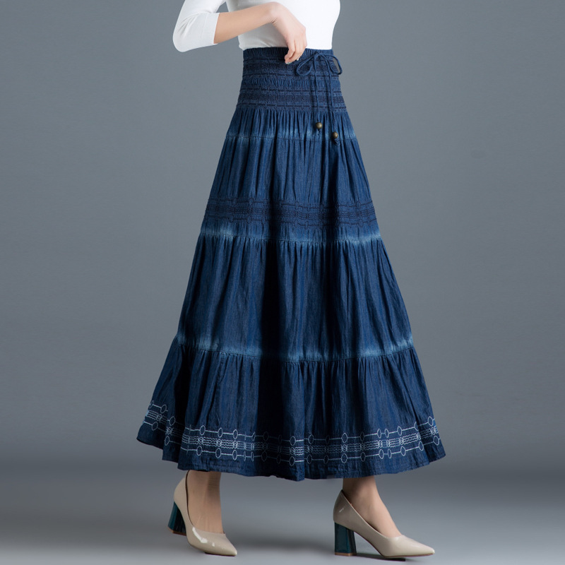

Woman Spring Autumn Denim Long Skirt 2020 Korean Style Vintage Woman High Elastic Waist Denim A Line Maxi Skirt Blue Jeans
