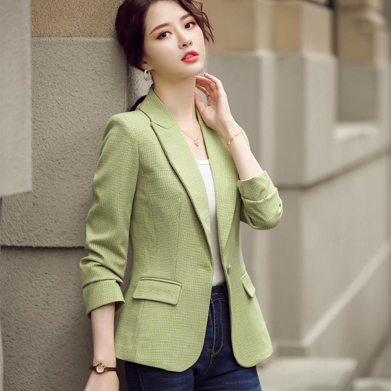 

2020 Winter Fall Blazer Jacket Coat Casual Girl Women' Slim Green Apricot Yellow Coffee Plaid Blazer With Pockets Size -4XL, Pale yellow blazer