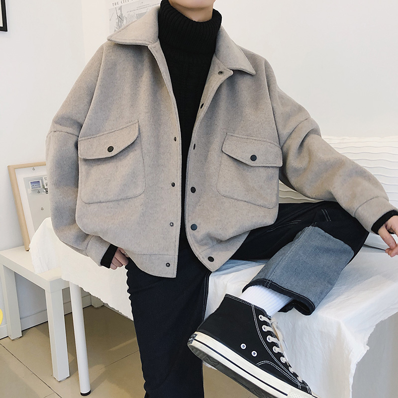 

2020 New Personality Winter Coat Men -XXL Solid Color Fashion Youth Wild Loose Woolen Coat Long Sleeve Temperament Leisure, Black