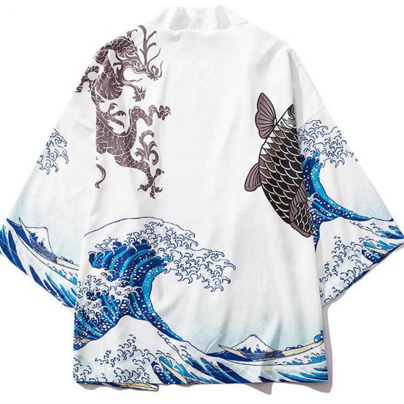 

Japan Style Casual Streetwear Thin Coats Japanese Wave Koi Print Kimono Cardigan Yukata Haori Robe Jackets Mens Fashion Outwear, Black