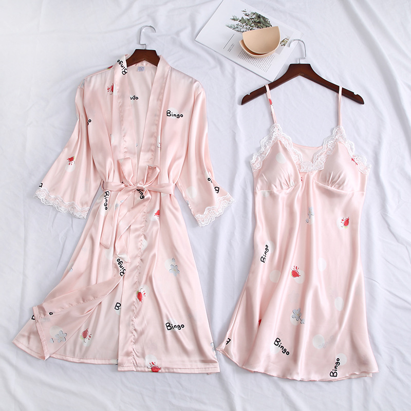 

Pink Satin Sleepwear Women 2PCS Robe Set Bride Bridesmaid Wedding Gown Lace Nightgown Mini Sexy Female Intimate Lingerie, Red