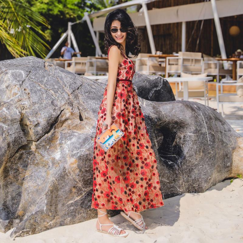 

High Quality Blackless Summer Women Slim Beach Long Dress Spaghetti Strap Embroidery Elegant Ladies Dresses Luxury Vestidos, Xaq721