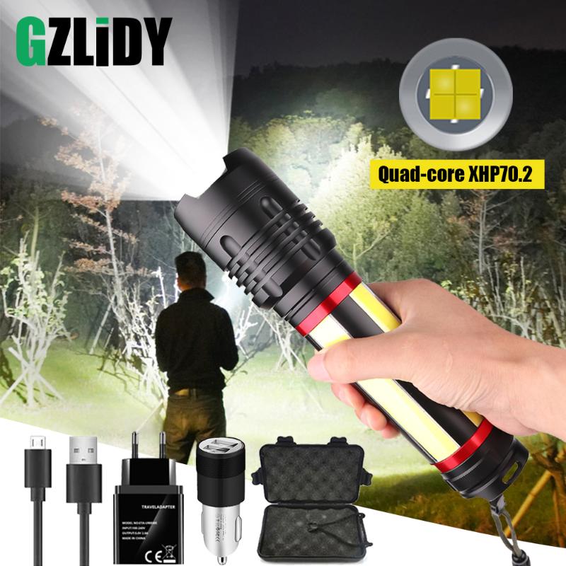 

Super Bright LED XHP70.2+COB Glare Tactical Torch Waterproof Zoom Camping Light with USB Input and Output Function