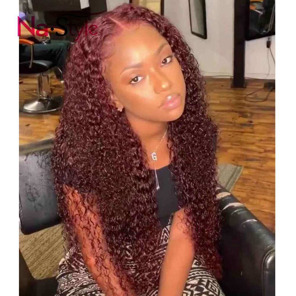 

99j Burgundy Curly Human Hair Wig 13x4 Lace Front Human Hair Wigs Red Wig Human Hair Pre Plucked, Medium brown