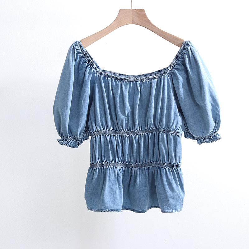 

EWQ] Summer 2020 Women's Short Denim Top Puff Sleeve Slash Neck Solid Casual Top Ladies Simple Slim Navy Blue Blouse QB158