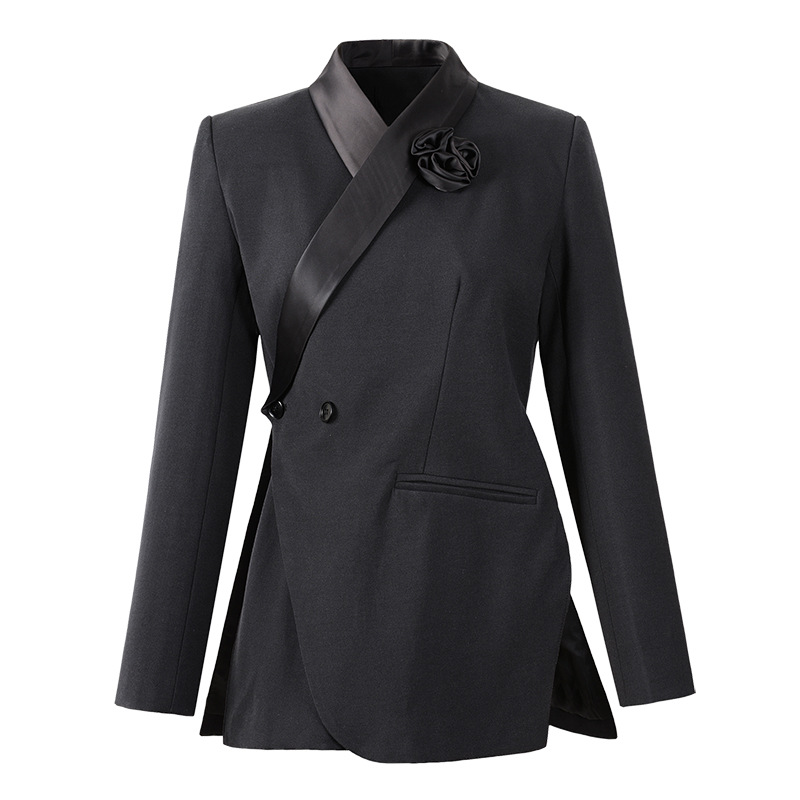 

2020 new spring and summer full sleeves notched full sleeves cross flower embroidery single blazer office lady K306, Black custom