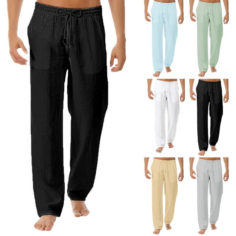 

2020 Men Cotton Linen Trousers Elastic Waist Straight Casual Pants Solid Loose Summer Harem Pants, Sky blue
