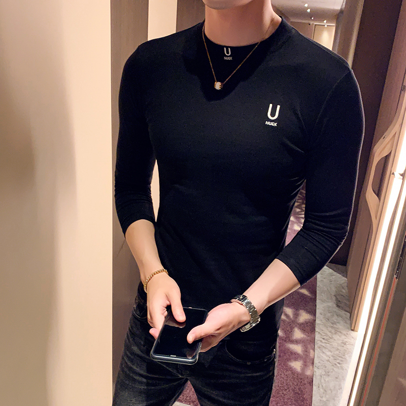 

Autumn 2020 T Shirt Men Round Neck Long-sleeved Casual Slim Fit T-shirt Half Turtleneck Streetwear Undershirt Top Brand Clothes, Black