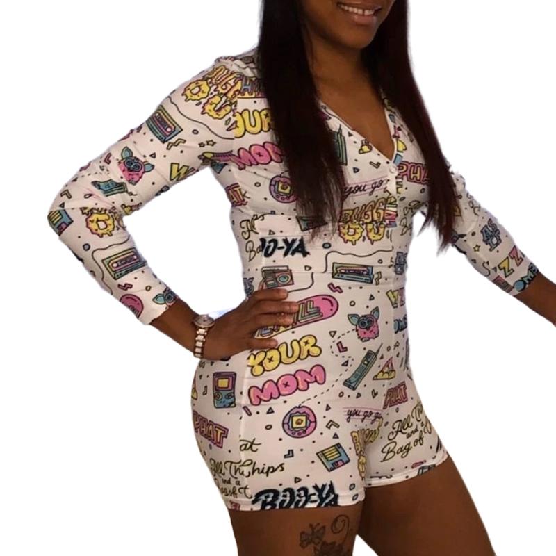 

Women Sexy Bodysuit Playsuit V-Neck Long Sleeve Print Bodycon Slim Casual Sportwear Streetwear New Fashion Jumpsuit New Arrival