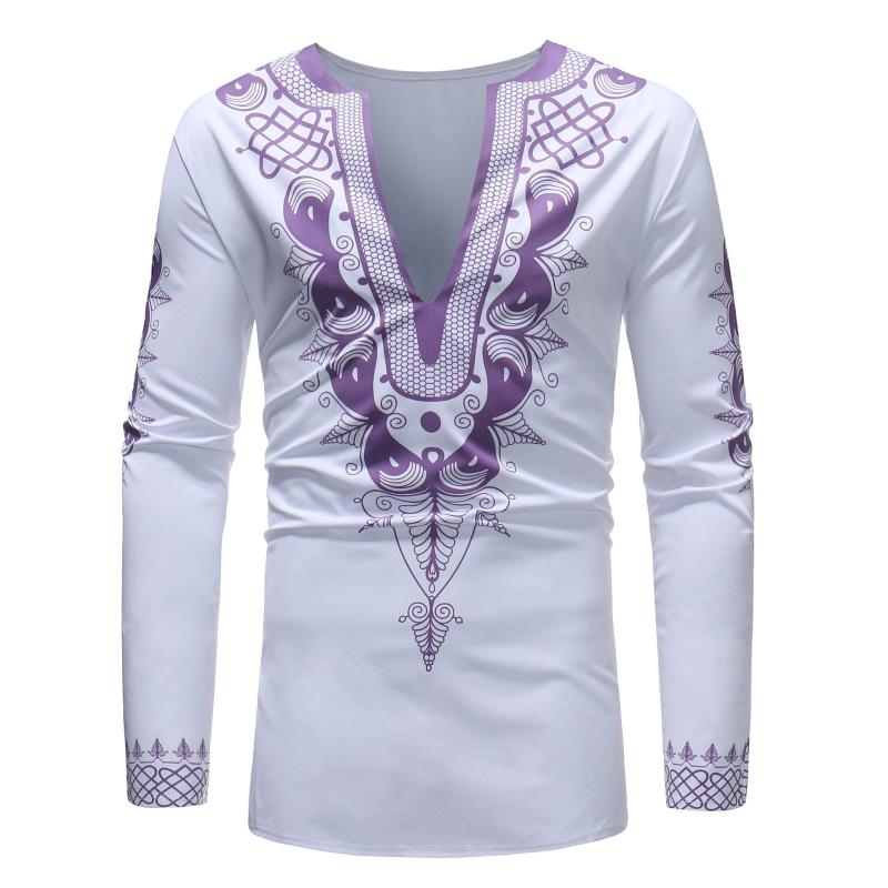 

Hot Fashion Africa Printed Men'S V-Neck Long-Sleeve T-Shirt Zt-Fz07 -40, White