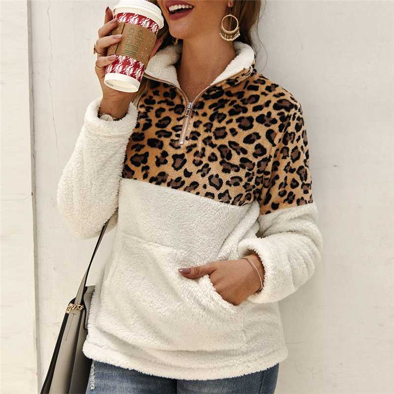 

Women Sweater Autumn Winter Leopard Printed Polar Fleece Patchwork Fluffy Thick Warm Sweaters Zipper Pullover Sherpa Tops, Black