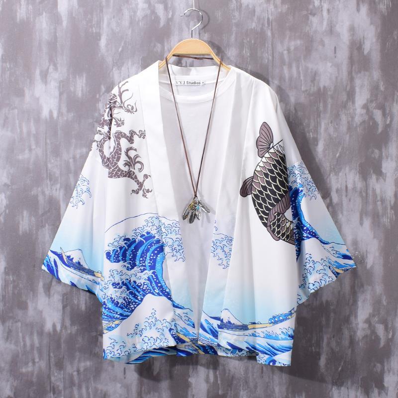 

White Black Men Streetwear WomenCardigan Blouse Haori Obi Asian Clothes Samurai Kimono Harajuku Japanese Fashion