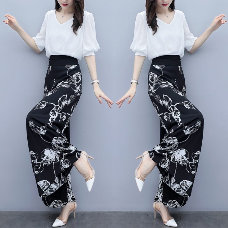 

Chiffon Floral Print Two Piece Set Top And Pants Summer Outfits For Women Clothes 2020 Ensemble Femme Deux Pieces Woman Suit, White