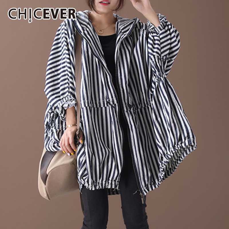 

CHICEVER 2020 Autumn New Pattern Office Lady Style Full Sleeve Loose Vertical Striped Pattern Drawstring Hooded Collar Coat, Navy