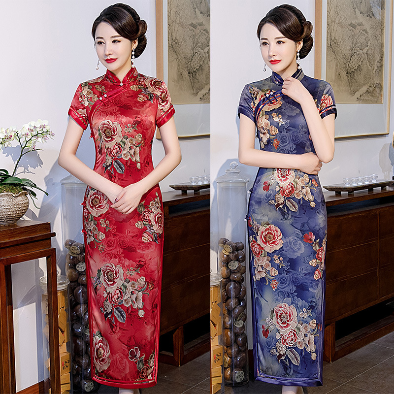 

Plus Size Silk Broadside Cheongsam Dresses Retro Peony Printing Long Qipao Red Blue Ladies Chinese qipao Dress 5XL