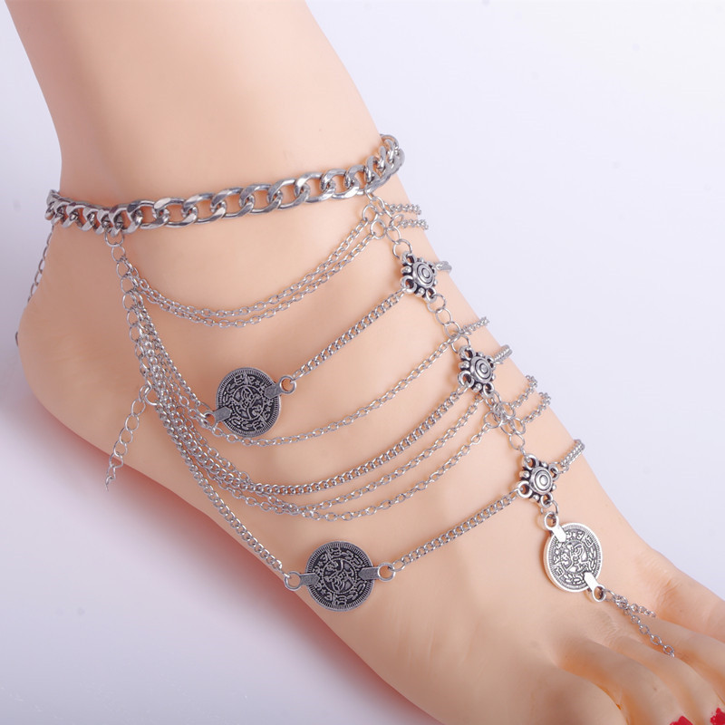 

2020 hot sale vintage bohemian coin tassel beach anklet women barefoot beach sandals anklet jewelry women gifts, Red;blue