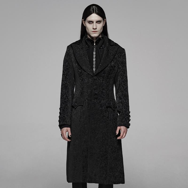 

PUNK RAVE Men' Vintage Gothic Jacquard Medium Long Coat Rope Design Slim Fit Dinner Party Stage Performance Winter Coat, Black