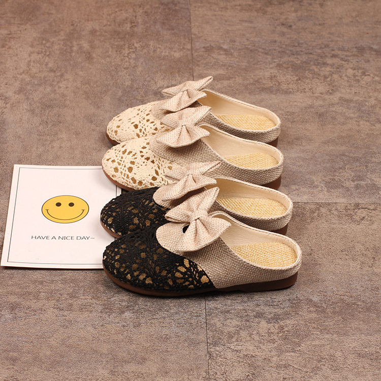 

Koovan Summer Girls Slippers Kids 2020 New Casual Mesh Hollow Linen Outer Wear Half Slippers Bow Children Princess Shoes, Black