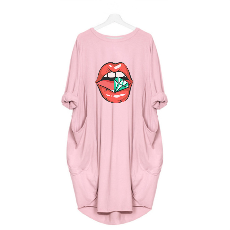 

DIY Dress New Self-made Silk Slip Cotton Straight Tubeshaped Kneelength Dress Printed Symmetrical Pocket Leisure Simple Style S-5XL A777, Pink