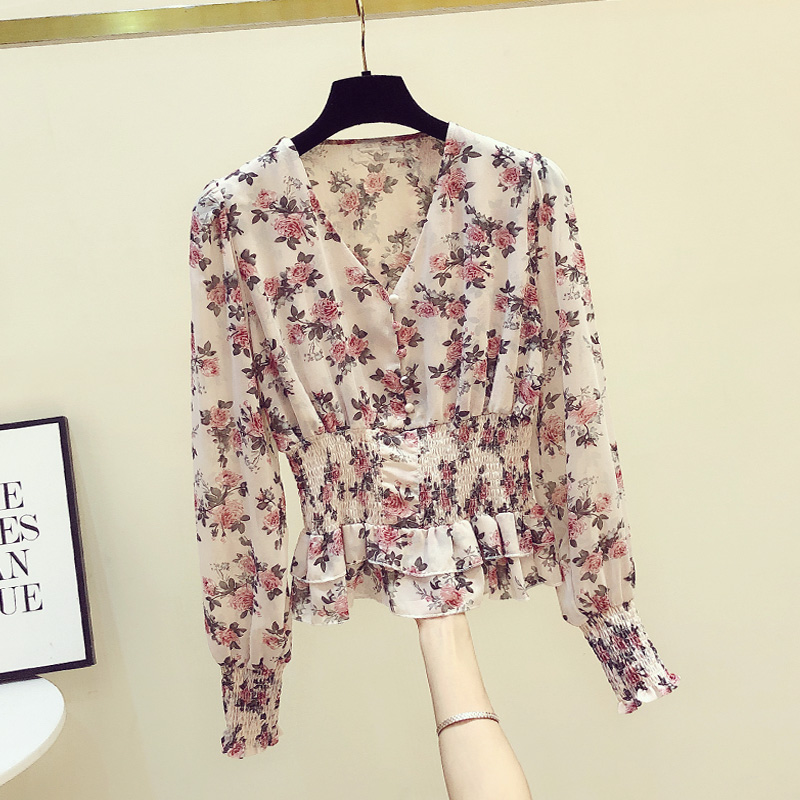 

2020 Autumn Women' Long Sleeves V Neck Floral Chiffon Shirt Girls Ladies High Waist Shirts Blouse Tops Blusas A3380, Beige