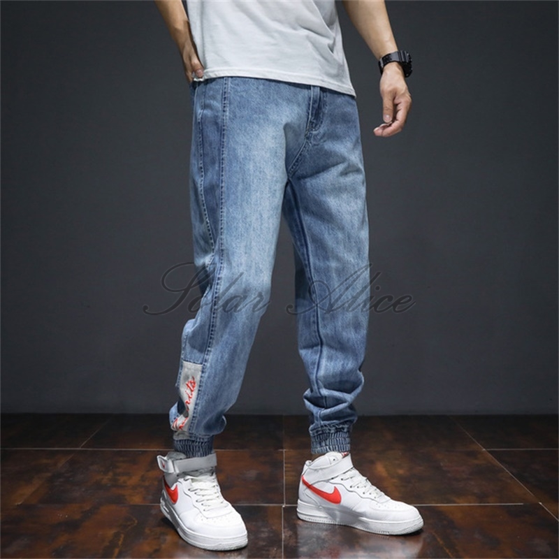 

Free Shipping 2020 Men's Loose Elastic Ankle Length Harlan Jeans Mid-Waist Tooling Bundles Wild Plus Size Men's Pants, Light blue