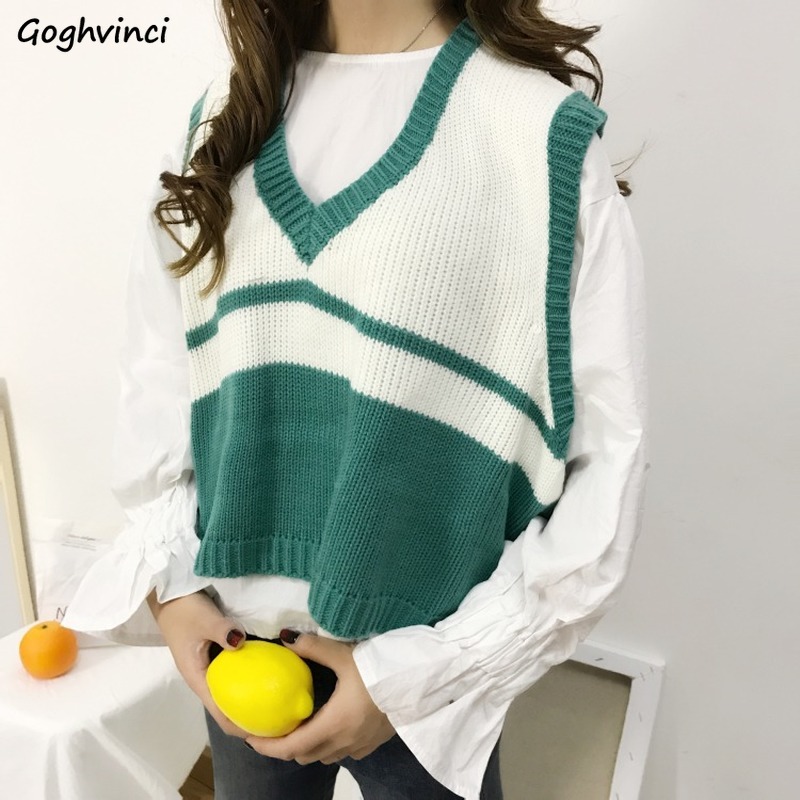 

Women Sweater Vest Autumn Patchwork V-neck Crop Top Fresh Loose Korean Fashion Leisure Womens Waistcoat Students Preppy New BF, Black