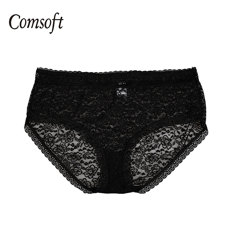 

Women's Panties Comsoft Sexy Lace High-Rise Women Underwear Black Blue High-cut Hollow Brief Soft Cotton Plus Size Female