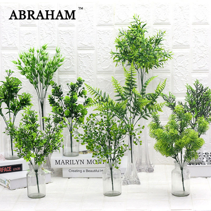 

40cm Tropical Artificial Plants Plastic Leaves Small Tree Branch Fake Fern Grass Bouquet For Plant Wall Home Garden Indoor Decor, 6 fork 36cm