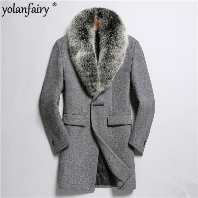 

YOLANFAIRY Autumn Winter Jacket Men Top Qulity Wool Coat 100%Real Fur Collar Overcoat Abrigo De Lana Hombre M2988 MF629, Black