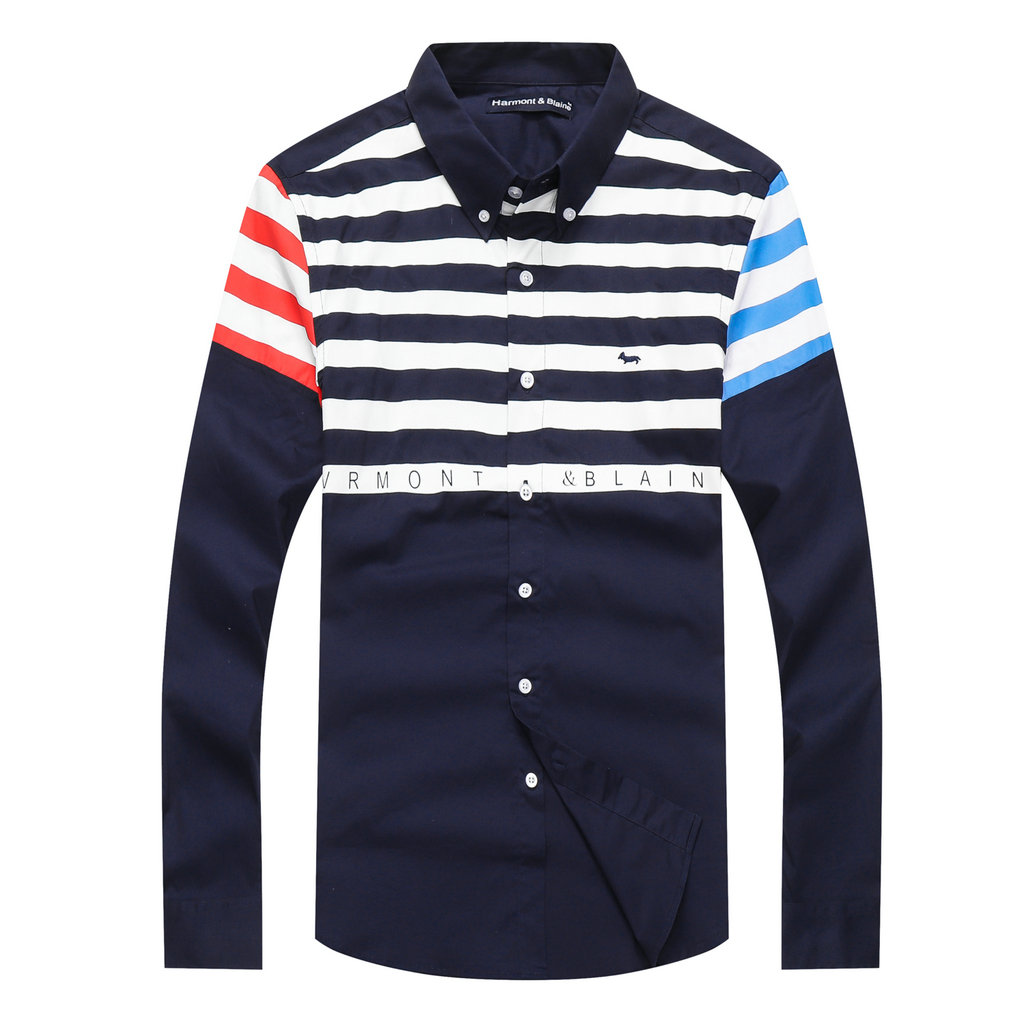 

Brand Mens Business Casual shirt mens harmont blaine striped slim fit camisa masculina social male T-shirts male Streetwear man check shirt, Blue