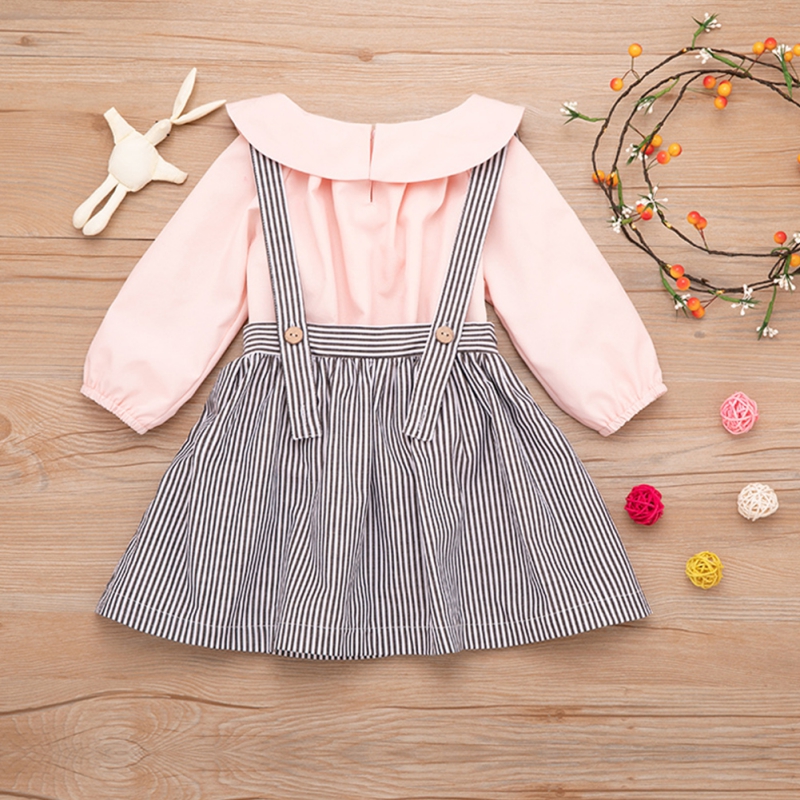 

Autumn Spring Fashion Children's Girls Sets Two-Piece Suit Girls Striped Strap Dress Lapel Shirt For Baby Clothes Set