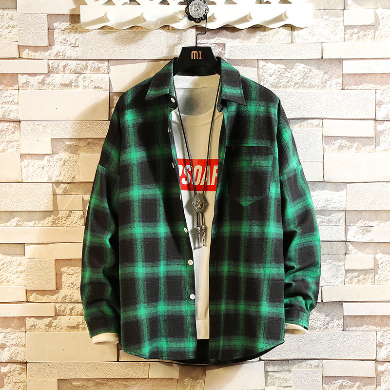 

Men ' Loose Plaid Shirt Casual Jacket Student Shirt Plaid Long Sleeve Spring and Autumn Loose Color Matching Male, Black