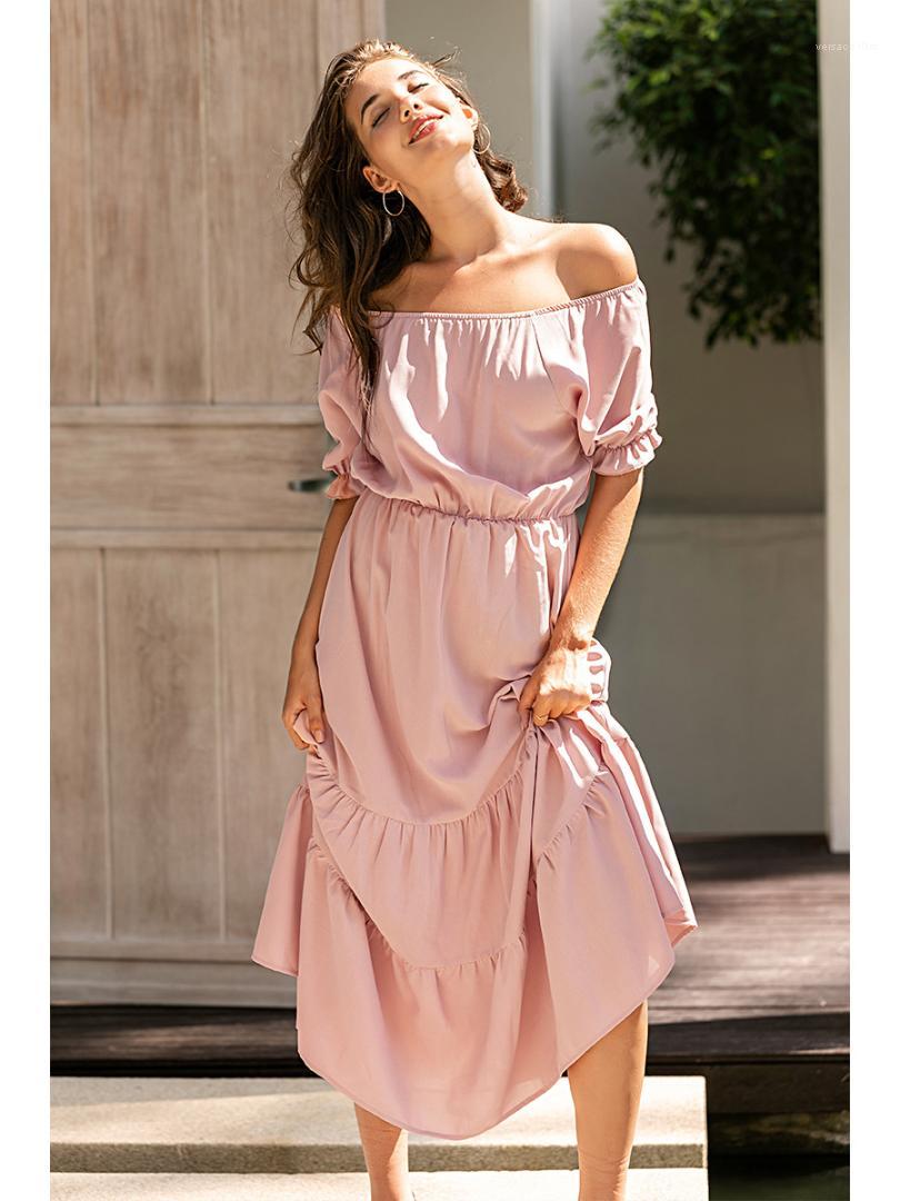 

Sleeves Solid Color Waist Down Dresses Ladies Summer Clothes Women Slash Neck Dress Sexy Ruffled