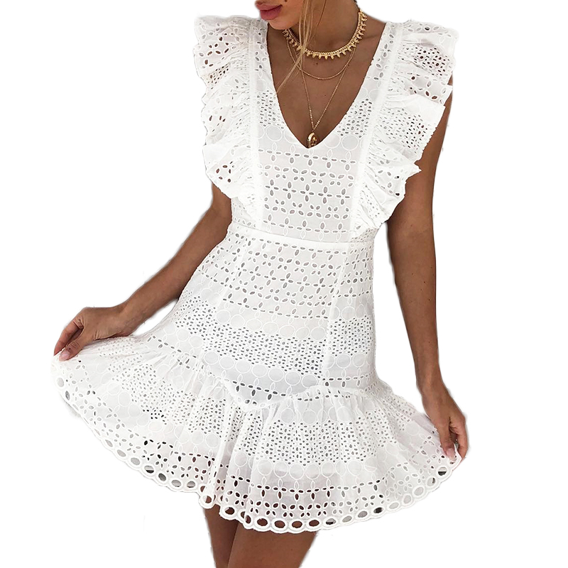 

Vintage white lace cotton embroidery women dress Ruffled Spring summer mini dress Sexy party short dresses 2020