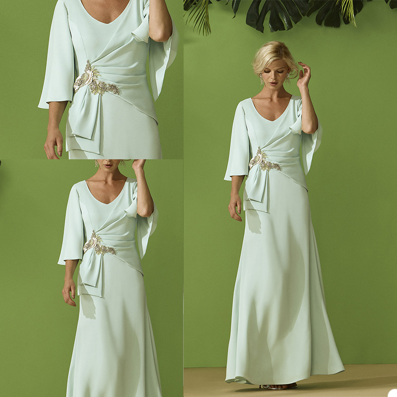 

Elegant Mother of the Bride Dresses V Neck Long Sleeves Lace Satin Evening Gowns 2020 Custom Made Floor Length Wedding Guest Dress