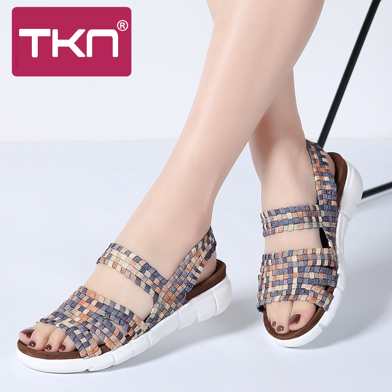 

TKN 2020 Summer Women Sandals Shoes Female Woven Elastic Shoes Ladies Flat Sandals Multi Colors Slingback for Women 802, 802 bronze