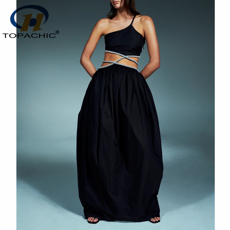 

7.21 2020 Early Autumn New Luxury Fashion Sexy Evening Party Dresses Diamonds Crystal Spliced Waist-Revealing Dress Women, Black
