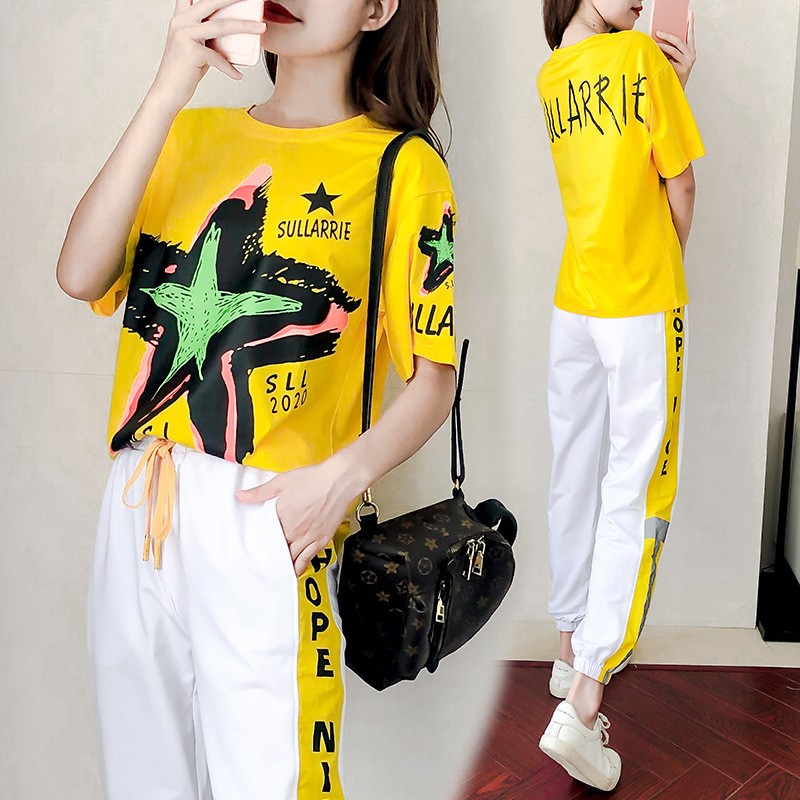

Summer New Casual Tracksuit Women T-shirt And Pants Two Piece Set Fashion Plus Size Printed Top 2 Piece Set Women Clothes -3XL, Yellow