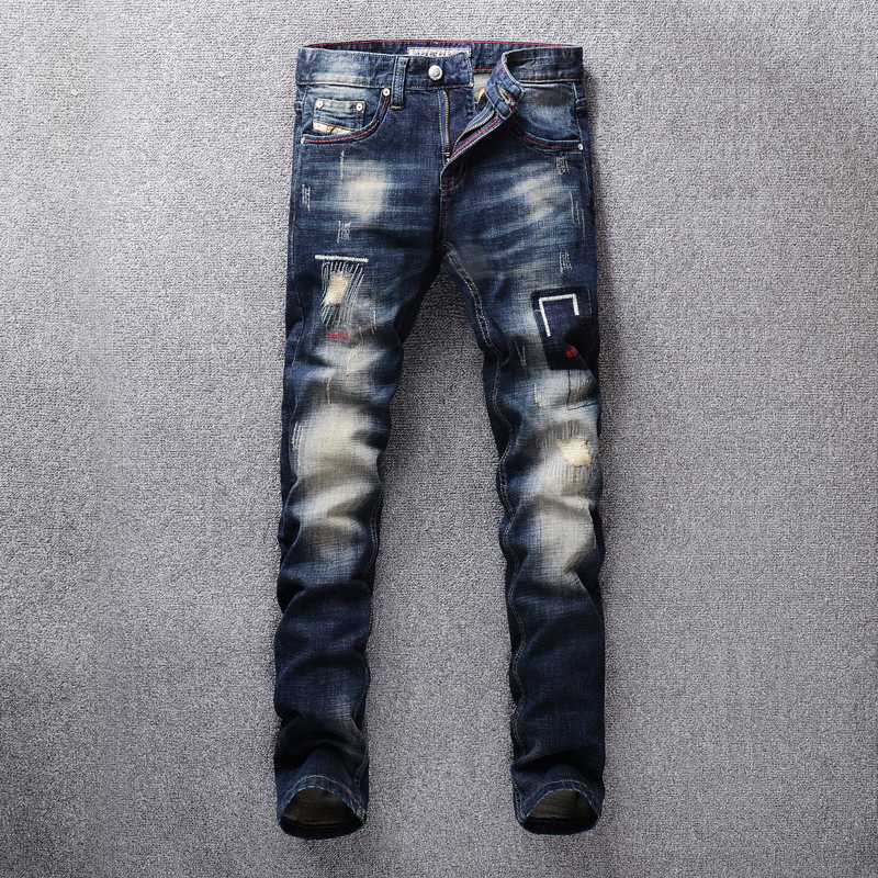 

Fashion Streetwear Men Jeans High Quality Dark Blue Embroidery Designer Ripped Jeans Men Elastic Punk Pants Hip Hop Homme