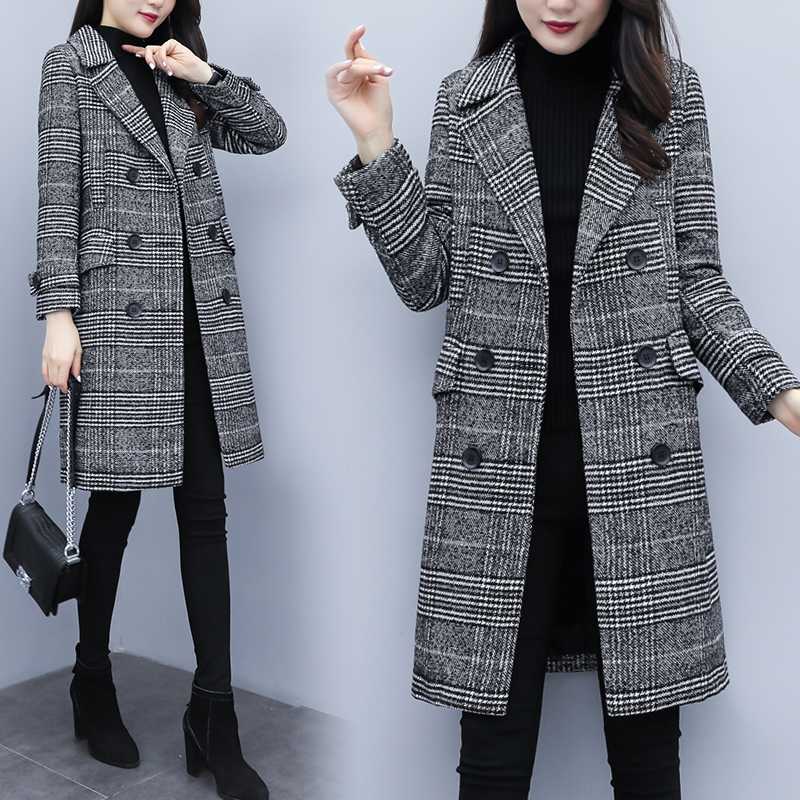

MinuoYi New Thicken Woolen Coat Medium Long Long Sleeve Turn-down Collar Women Black White Check Pocket Overcoat Hot Sale, Gray