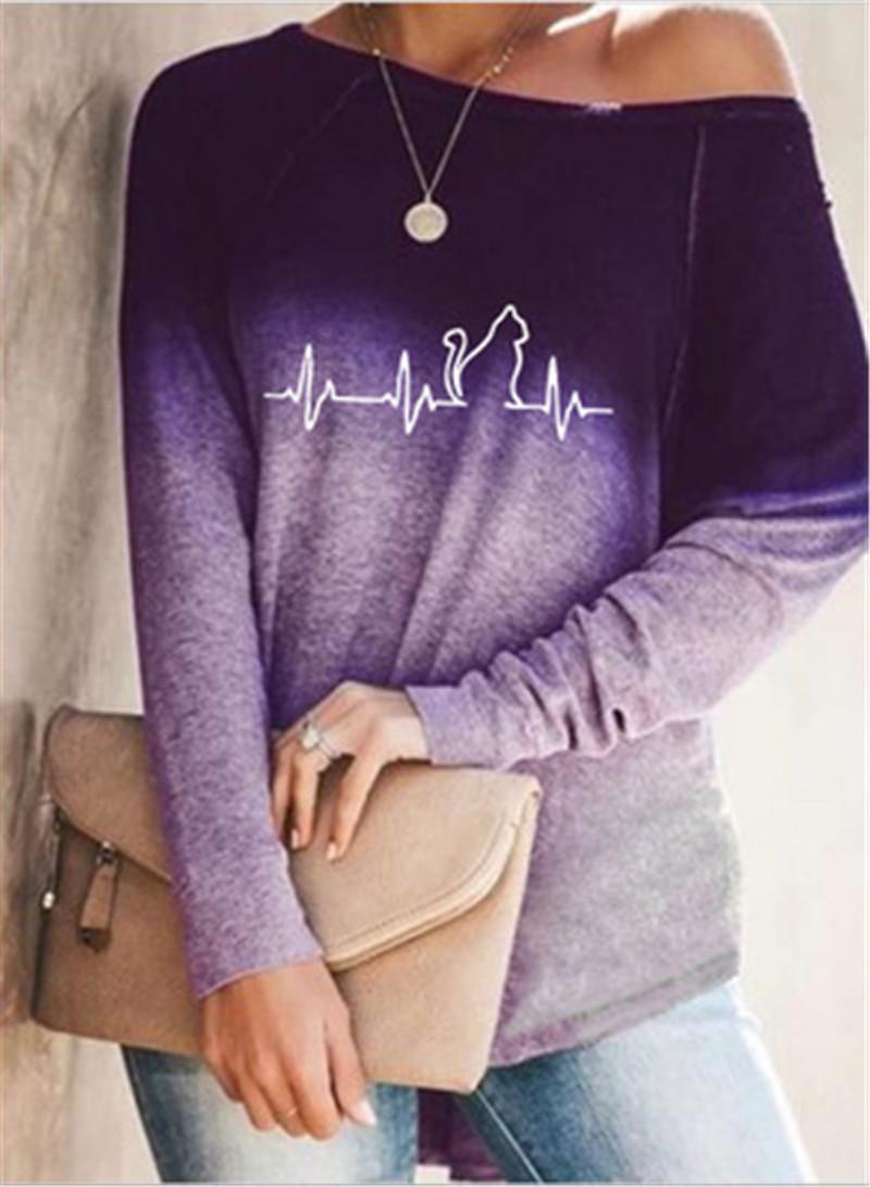 

Womens ECG Pattern T-shirt Fashion Trend Gradient Long Sleeve Tee Designer Female Spring New Crew Neck Tops Loose Casual Tshirts Clothing