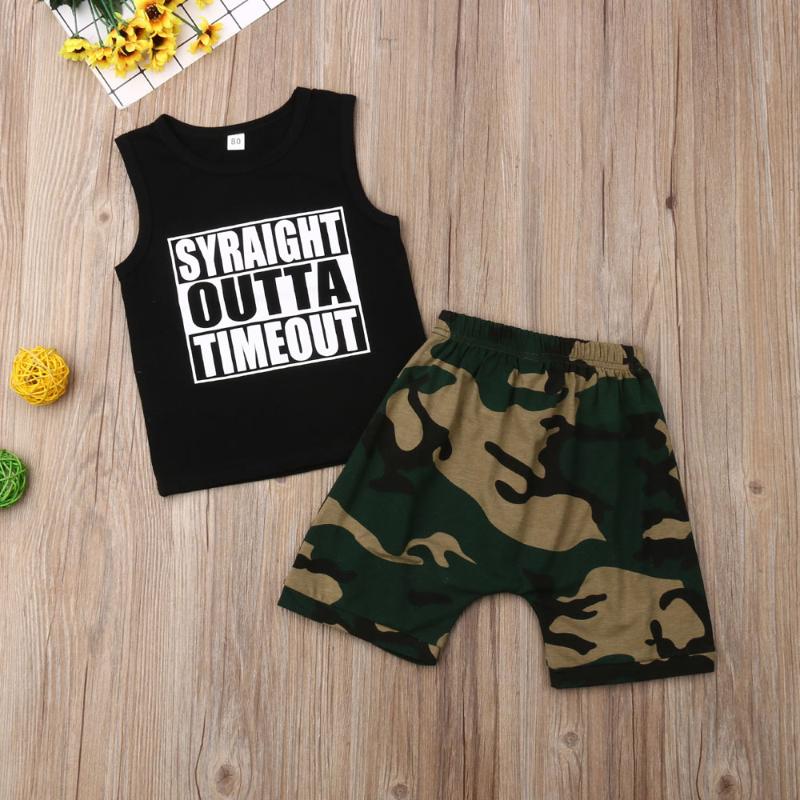 

0-24M Toddler Baby Boy Summer Clothes Letter printed Sleeveless Vest Tops+Camo Shorts 2pcs clothing set casual Outfits, As pic