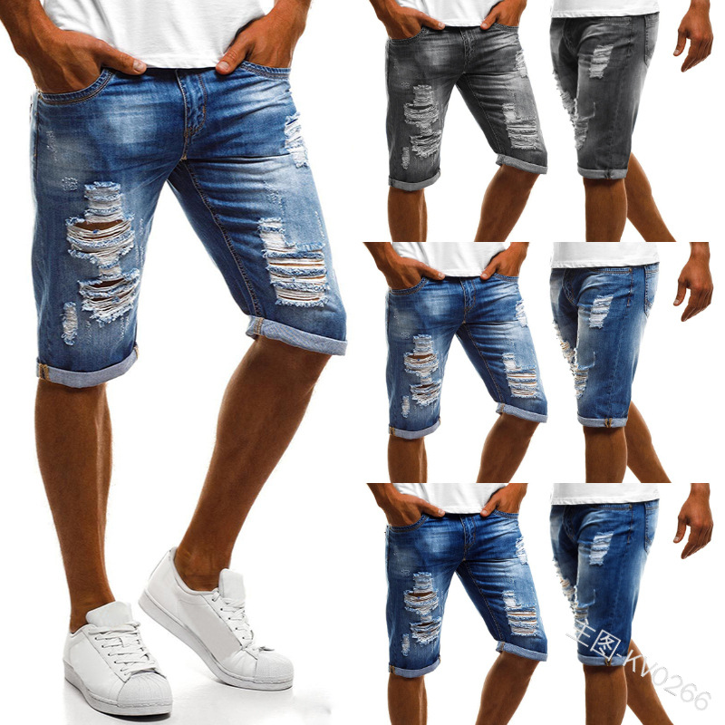 

2020 new men' pants old rimmed white washed straight hole-breaking jeans, Blue