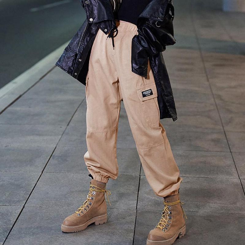 

Womens High Waist Loose Beam Foot Sports Overalls Pants Pocket Bandage Splice Elastic Waist Casual Streetwear Sweatpants, Black