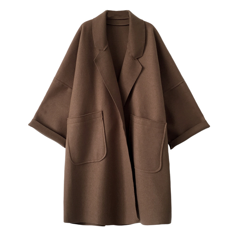 

Women jacket 2020 Autumn Long Style Pocket Woman' Brown Woolen Coat Long Plus Size Cloak Woolen Coats, Black