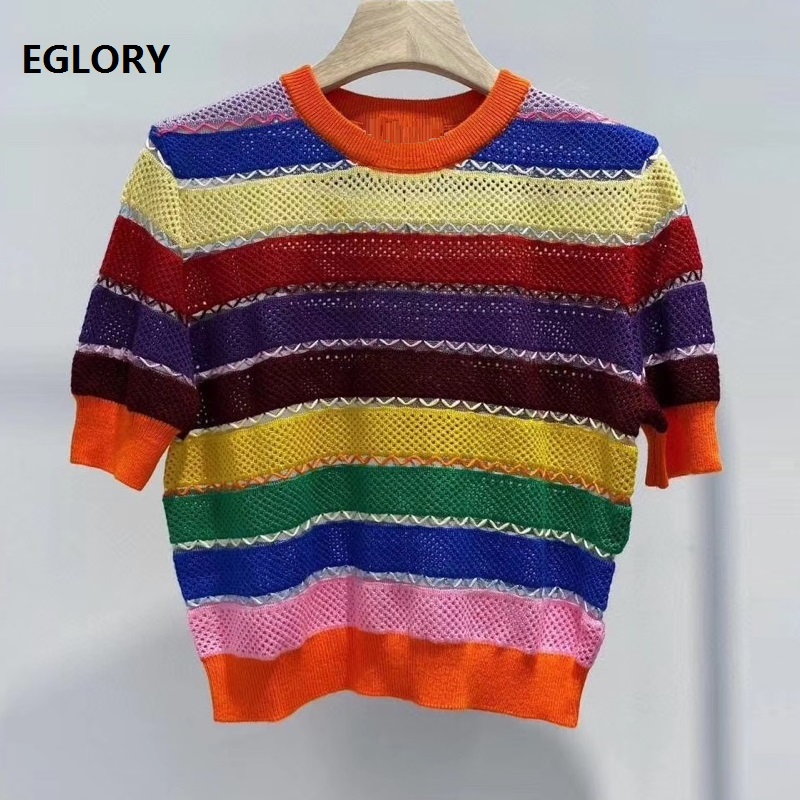 

2020 Autumn Fashion Jumpers High Quality Women Sweet Rainbow Color Knitting Short Sleeve Casual Striped Tops Pullover Ladies, As pic