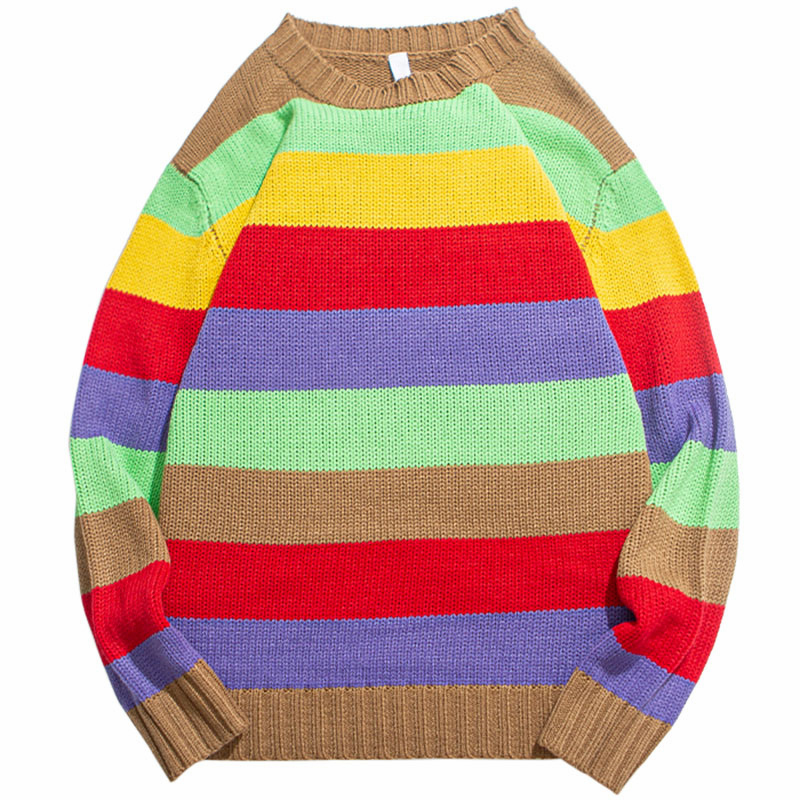 

2020 Hip Hop Streetwear O-Neck Pullover Knitted Sweater Vintage Retro Rainbow Striped Sweater Loose Cotton Harajuku Fashion Tops, Purple